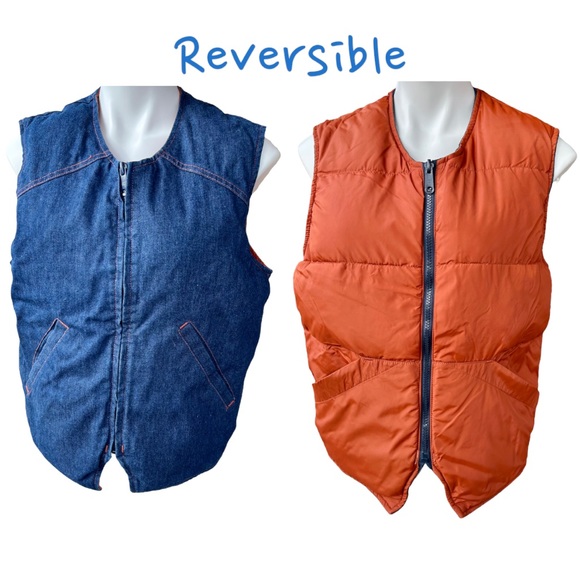 Eddie Bauer Reversible Denim & Orange Nylon Goose Down Puffer Vest - Picture 1 of 8